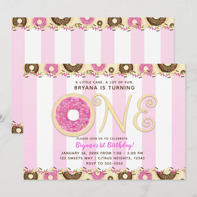 Invitation Gâteaux Donuts Rose Marron Sprinkles Fête d'annive (Devant / Derrière)