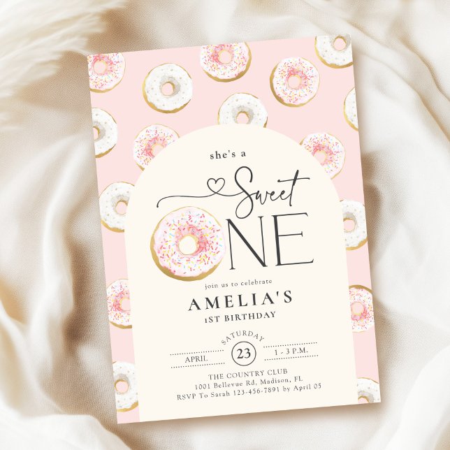 Invitation Gâteaux Donuts Rose Sweet One 1er Anniversaire (Créateur téléchargé)