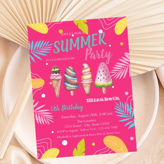 Invitation Gâteaux glacés Feuilles Tropicales Rose Anniversai (Créateur téléchargé)