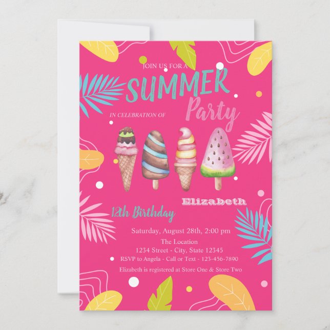 Invitation Gâteaux glacés Feuilles Tropicales Rose Anniversai (Devant)