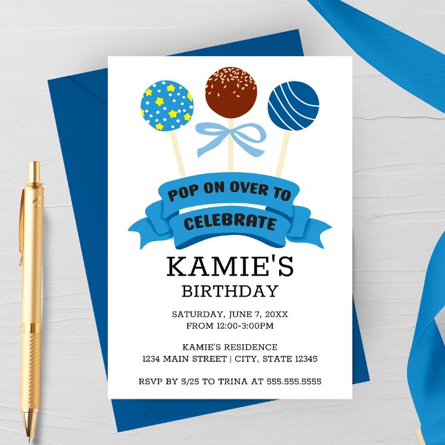 Invitation Gâteaux Pops Bleus Fête d'Anniversaire (Blue Cake Pops Birthday Party Invitation)