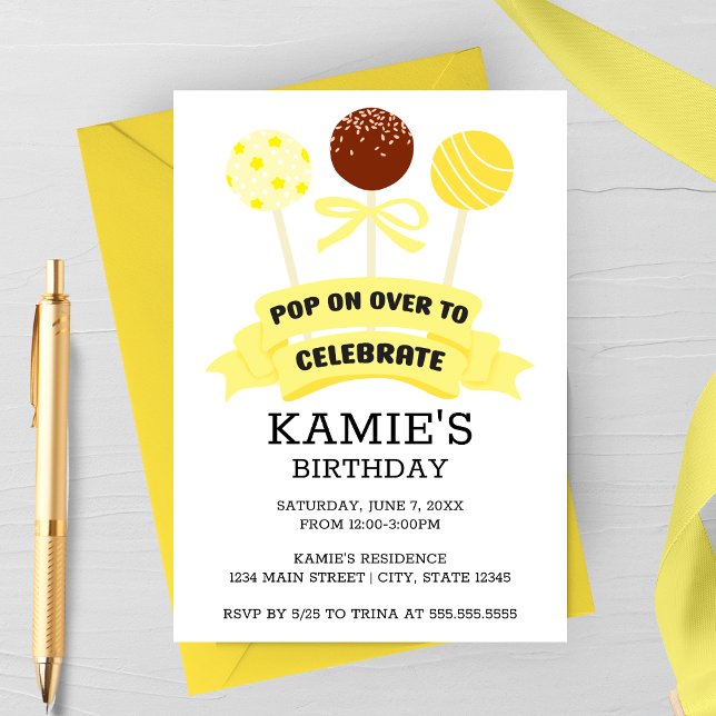 Invitation Gâteaux Pops Jaunes Fête d'Anniversaire (Yellow Cake Pops Birthday Party Invitation)