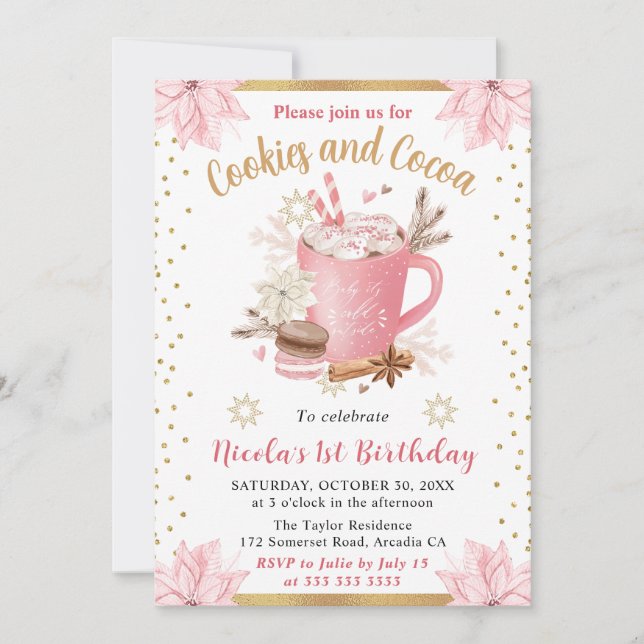 Invitation Gâteaux roses d'hiver et cacao pour un premier ann (Devant)