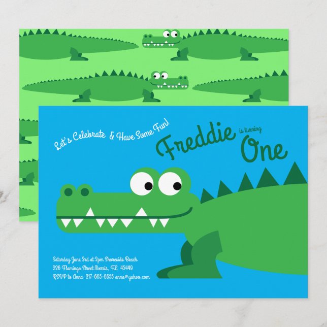 Invitation Gator Alligator Crocodile Enfants 1er fête d'anniv (Devant / Derrière)