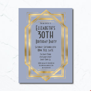 Invitation Gatsby 1920 Art Déco Bleu Or 30e Anniversaire
