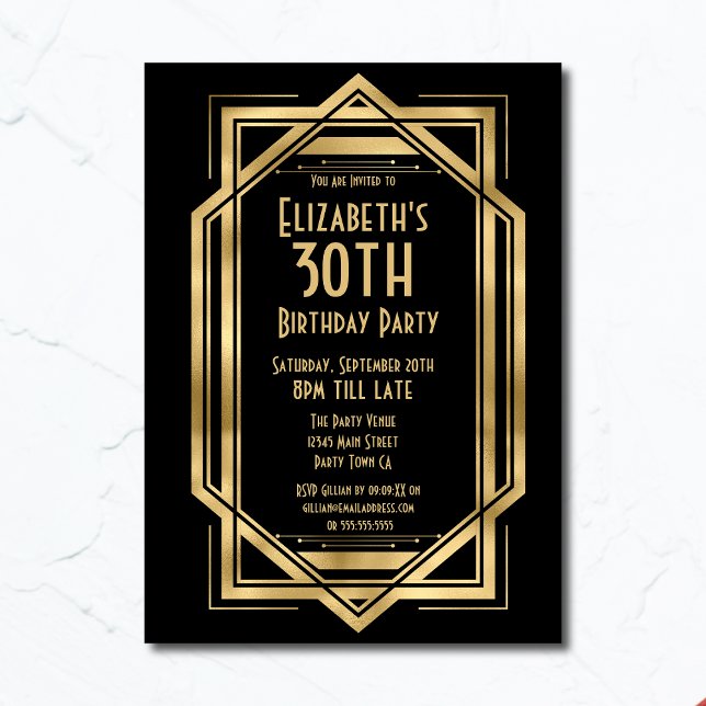 Invitation Gatsby 1920 Art Déco Noir | Gold 30th Birthday (Créateur téléchargé)