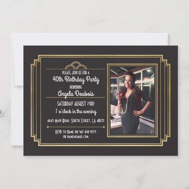 Invitation Gatsby Anniversaire de la fête 1920's Roaring Gold (Devant)