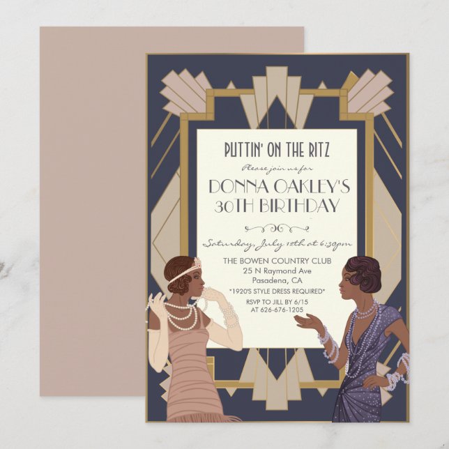 Invitation Gatsby Art déco Anniversaire Afro-Américain (Devant / Derrière)