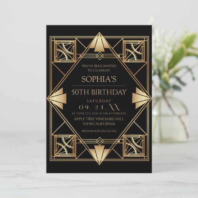 Invitation Gatsby Art Deco Black 50th Birthday Party (Debout devant)