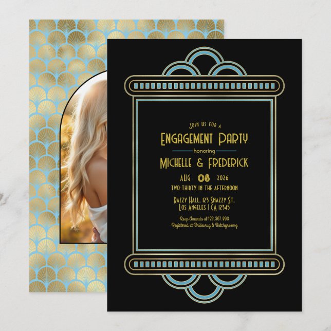 Invitation Gatsby Art Deco Blue & Gold Engagement Party Photo (Devant / Derrière)