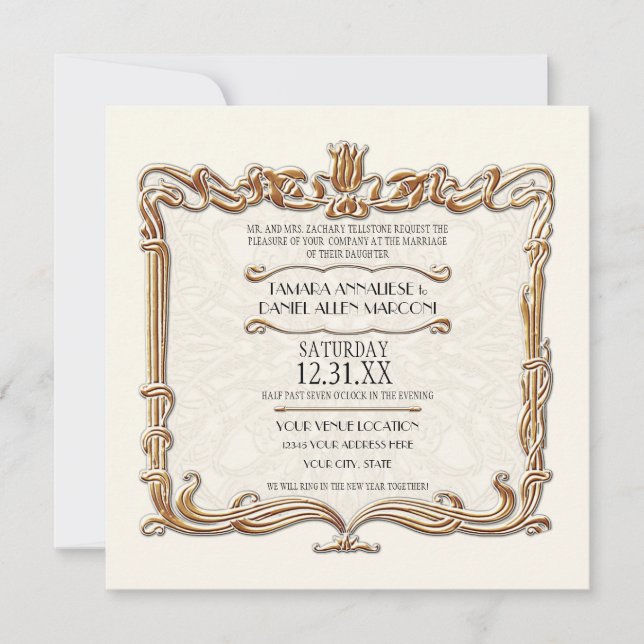 Invitation Gatsby Art Déco Nouveau dentelle Faux Gold Tulip (Devant)