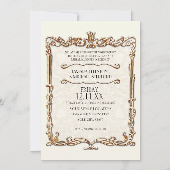 Invitation Gatsby Art Déco Nouveau dentelle Faux Gold Tulip (Devant)