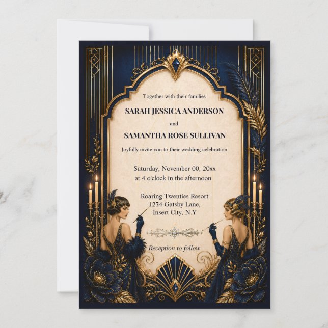 Invitation Gatsby flapper bleu or mariage 1920 (Devant)
