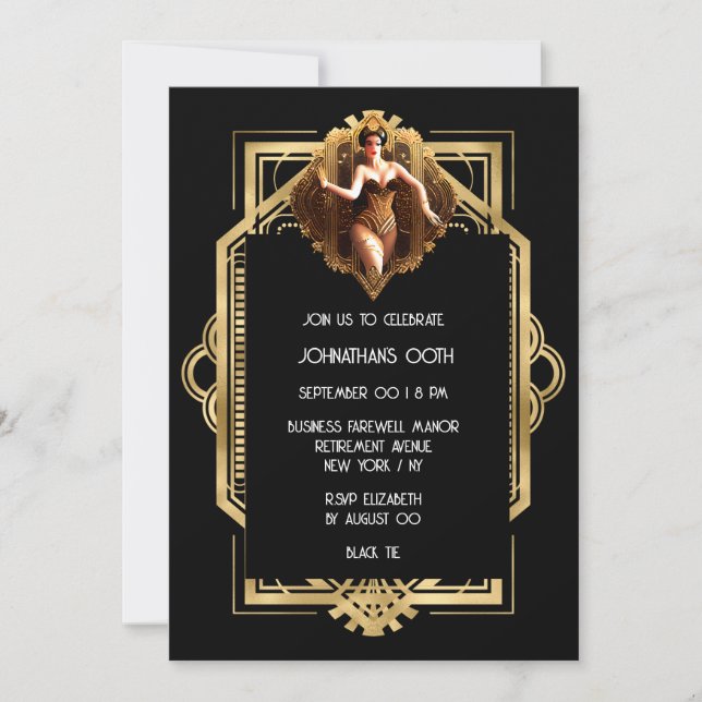 Invitation Gatsby Flapper fille noir or 1920's thème party (Devant)