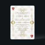 Invitation Gatsby Or Casino Royale Vegas Poker Mariage<br><div class="desc">Conception de carte unique sur le thème de Casino Royale et Gatsby le Magnifique. Elle présente un style art déco vintage, un cadre old Hollywood des années 1920 rugissantes avec des Fleur-de-lis en faux or, des cœurs rouges, Q et K dans deux coins (simulant des cartes à jouer), sur fond...</div>