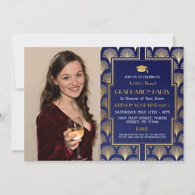 Invitation Gatsby Party 1920 Art Déco Gold Photo Graduation (Devant)