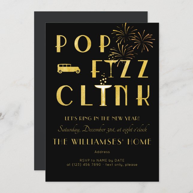 Invitation Gatsby Pop Fizz Clink Art Deco New Years Eve Black (Devant / Derrière)