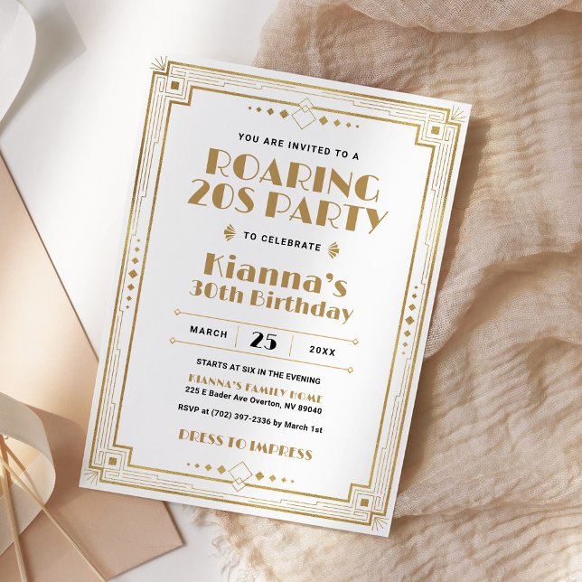 Invitation Gatsby Roaring 20s Art déco Anniversaire Or blanc (Créateur téléchargé)