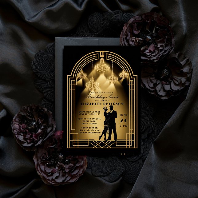 Invitation Gatsby Roaring Années 2000 Chandeliers Déco Annive (gatsby party invitation roaring twenties 1920s art deco nouveau arch gold business corporate event)