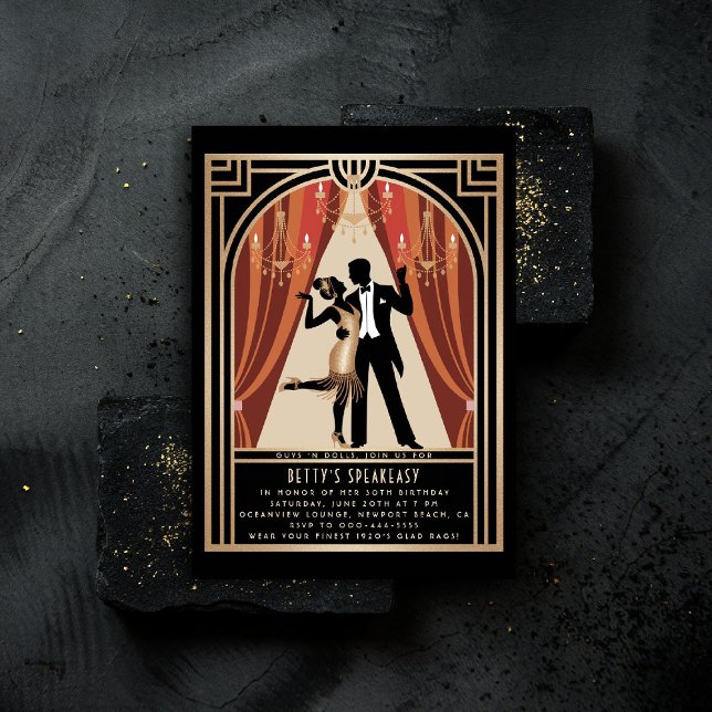 Invitation Gatsby Speakeasy Roaring 20s Déco Danse Anniversai (gatsby party invitation speakeasy roaring 1920s twenties nouveau deco flapper dance gold black chic)