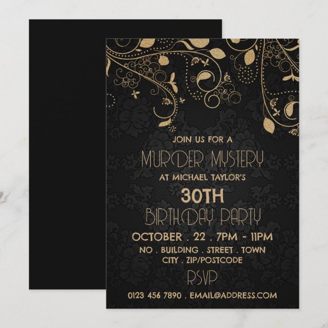 Invitation Gatsby Style, Meurtre Mystère fête d'anniversaire (Devant / Derrière)