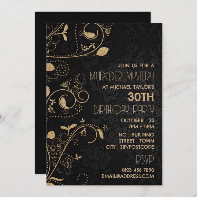 Invitation Gatsby Style, Meurtre Mystère fête d'anniversaire (Devant / Derrière)