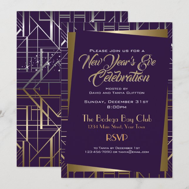 Invitation Gatsby Style NYE Gold et Midnight Blue (Devant / Derrière)