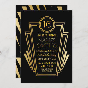 Invitation Gatsby Sweet 16 Birthday Party Art Déco 1920 Gold