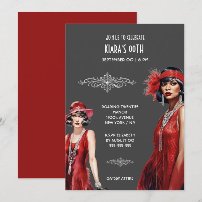 Invitation Gatsby thème rouge gris flapper filles mélanine bl (Devant / Derrière)