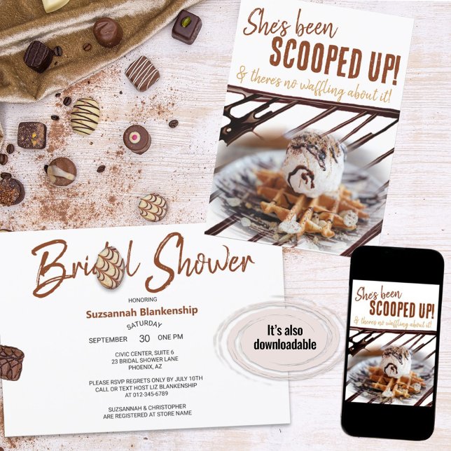 Invitation Gaufre de boules de glace au chocolat (A fun ice cream waffle bridal shower design ready for your personalization. )