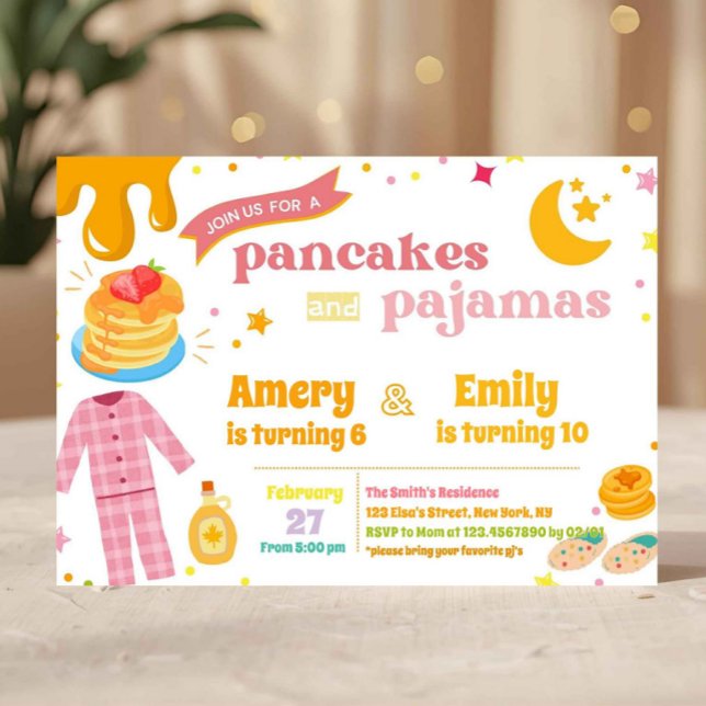 Invitation Gaufres et Pyjamas Communs Anniversaire Frères et  (pancakes and pajamas invite, sleepover birthday invitation, pajama party invite, kids sleepover invi)