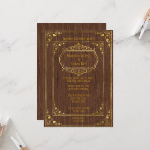 Invitation Gay Couple Brown Barnwood et Gold Frames Mariage