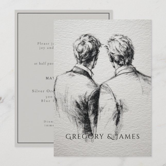 Invitation Gay / Grooms Wedding Pencil Drawing  (Devant / Derrière)