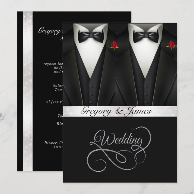 Invitation Gay Mariage Tuxedos Red Roses Gold Foil (Devant / Derrière)