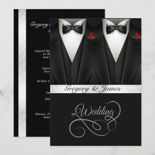 Invitation Gay Mariage Tuxedos Red Roses Gold Foil