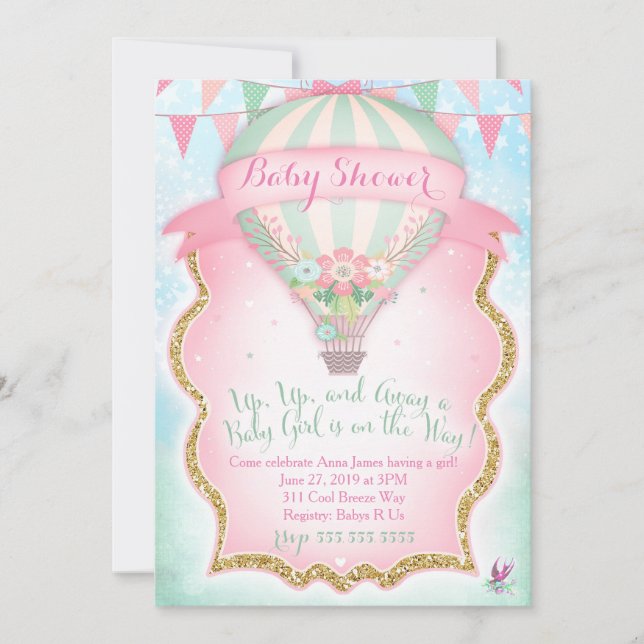 Invitation GC Fille Baby shower à ballon à air chaud (Devant)