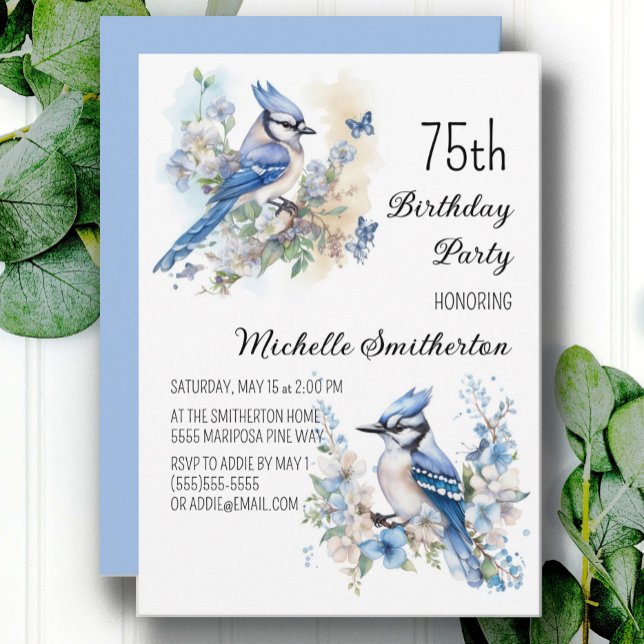 Invitation Geai bleu Fleurs de printemps 75e anniversaire (Blue Jay women's 75th birthday party invitation, customizable with your own text)