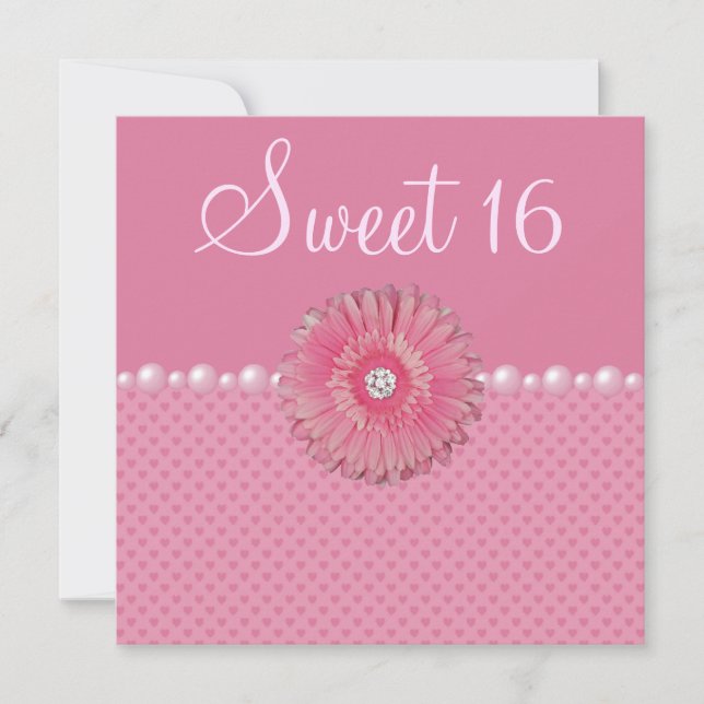 Invitation Gebera rose, Perles & Coeurs Doux 16 Partie (Devant)