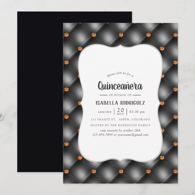 Invitation Gem noir et orange Faux cuir Quinceañera (Devant / Derrière)
