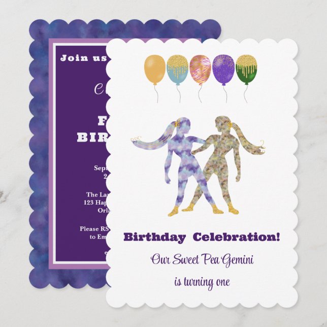 Invitation Gémeaux 1er Anniversaire Impressionniste Paillette (Devant / Derrière)