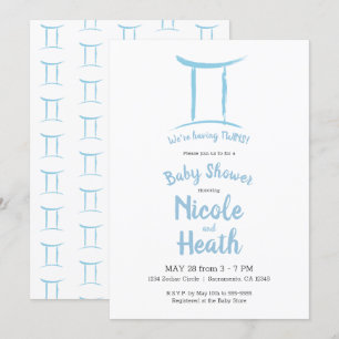 Invitation Gémeaux Astrologie Zodiaque Bleu Fête Prénatale Ma