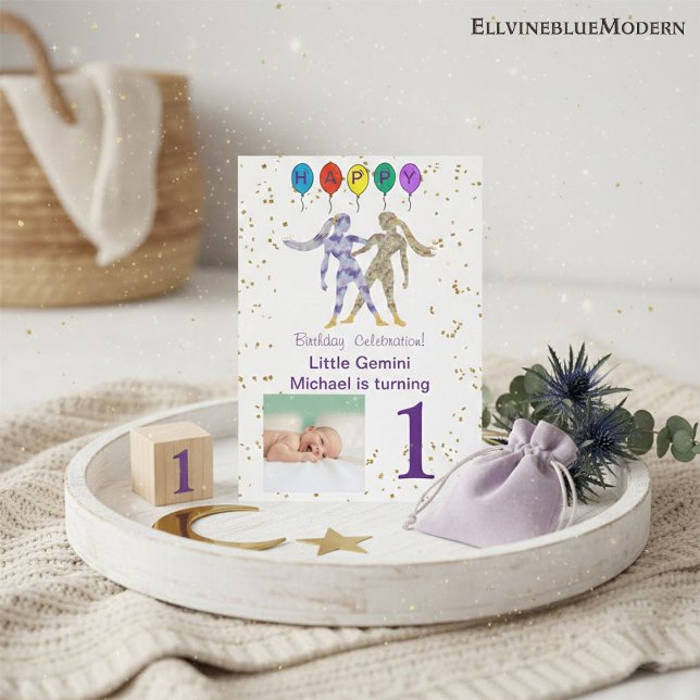 Invitation Gémeaux Premier Anniversaire Or, Ballons & Photo (Gemini 5” x 7” Photo Invite. Visit Gemini Zodiac Birthday Party Collection for more items.)