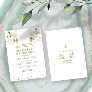 Invitation Gemelas Hijas Fleurs roses Primer Añito Bautizo