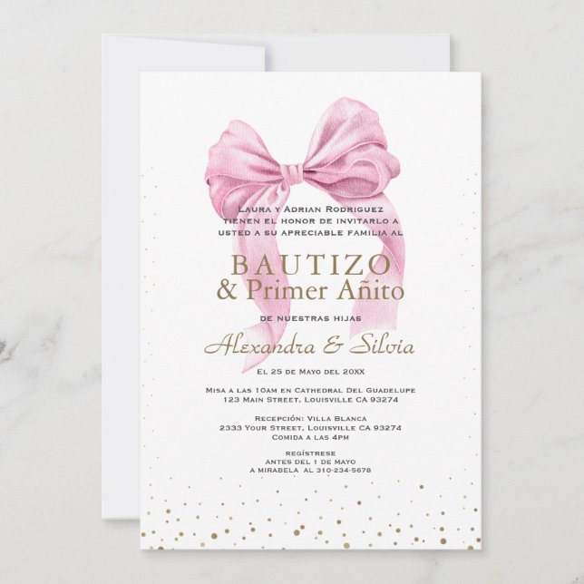 Invitation Gemelas Hijas Lazo Rosa Primer Añito Bautizo (Devant)