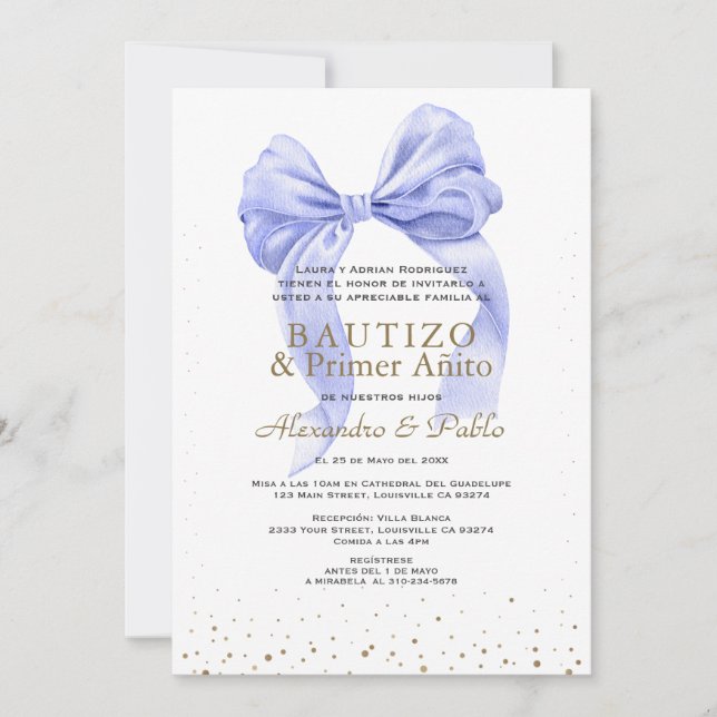 Invitation Gemelos Blue Bow Hijos Primer Añito Bautizo (Devant)