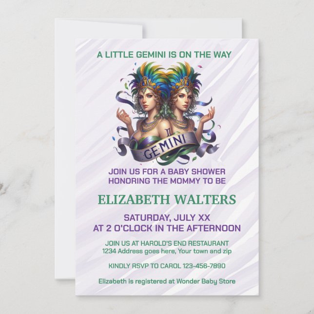 Invitation Gemini Zodiac Baby Shower Lavender and Green (Devant)