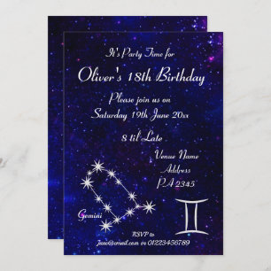 Invitation Gemini Zodiac Galaxy Party personnalisé