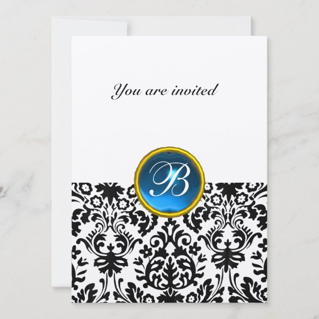 Invitation GEMME DE DAMAS MONOGRAMME en feutre bleu saphir (Devant)