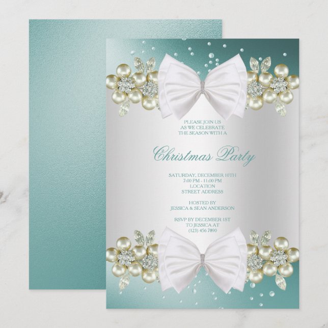 Invitation Gemmes et bow Turquoise Noël (Devant / Derrière)