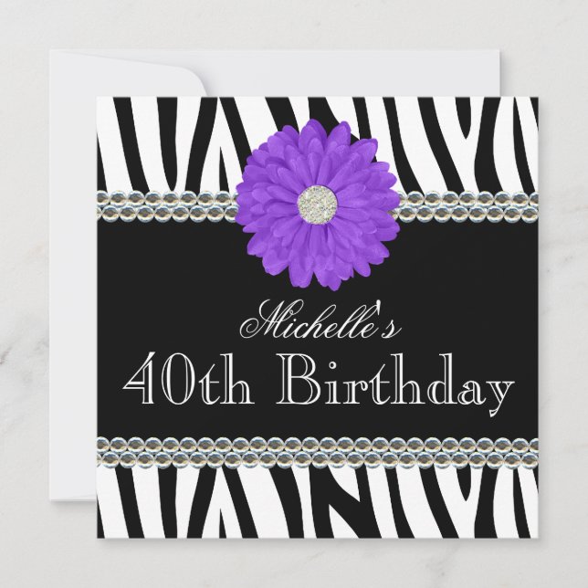 Invitation Gemmes imprimées Zebra Purple Daisy 40e anniversai (Devant)